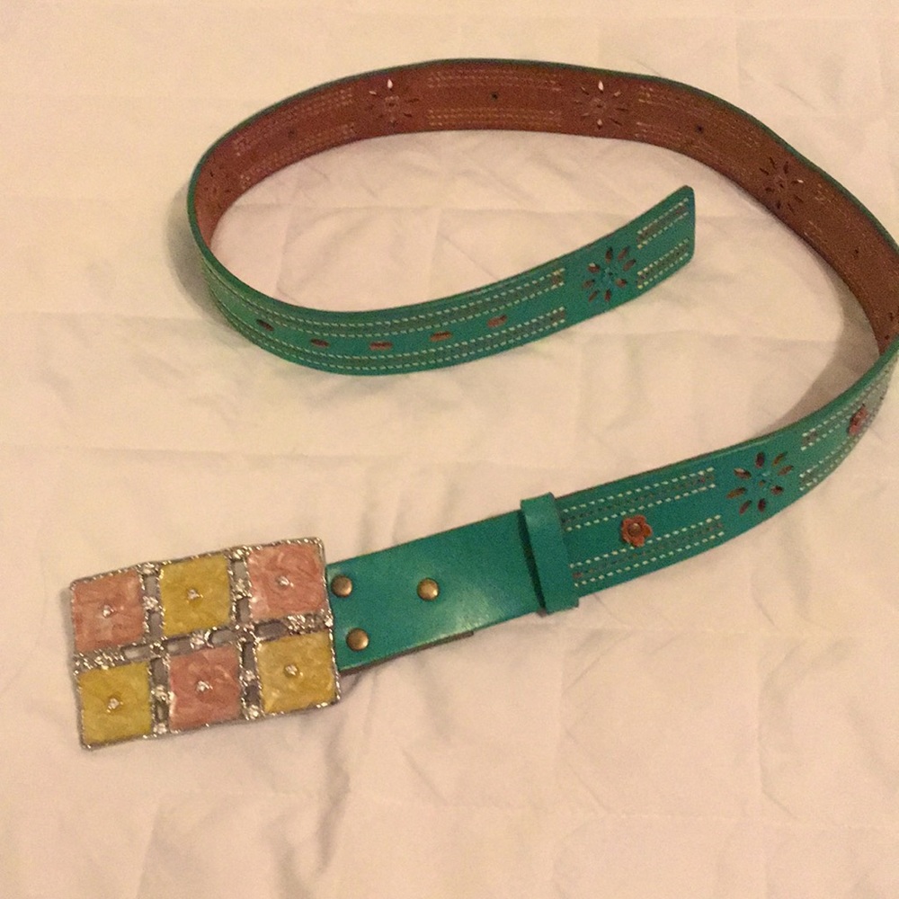 Spring green leather belt - Pink & Yellow buckle